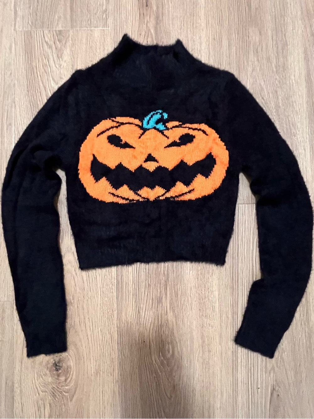 Cider Black Cropped Pumpkin Turtleneck Sweater with Orange Graphic - Picture 4 of 6
